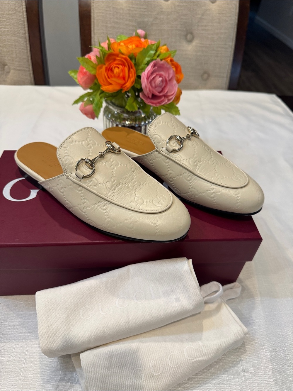Authentic Gucci Guccisima Prince Cream Leather Horsebit Mules